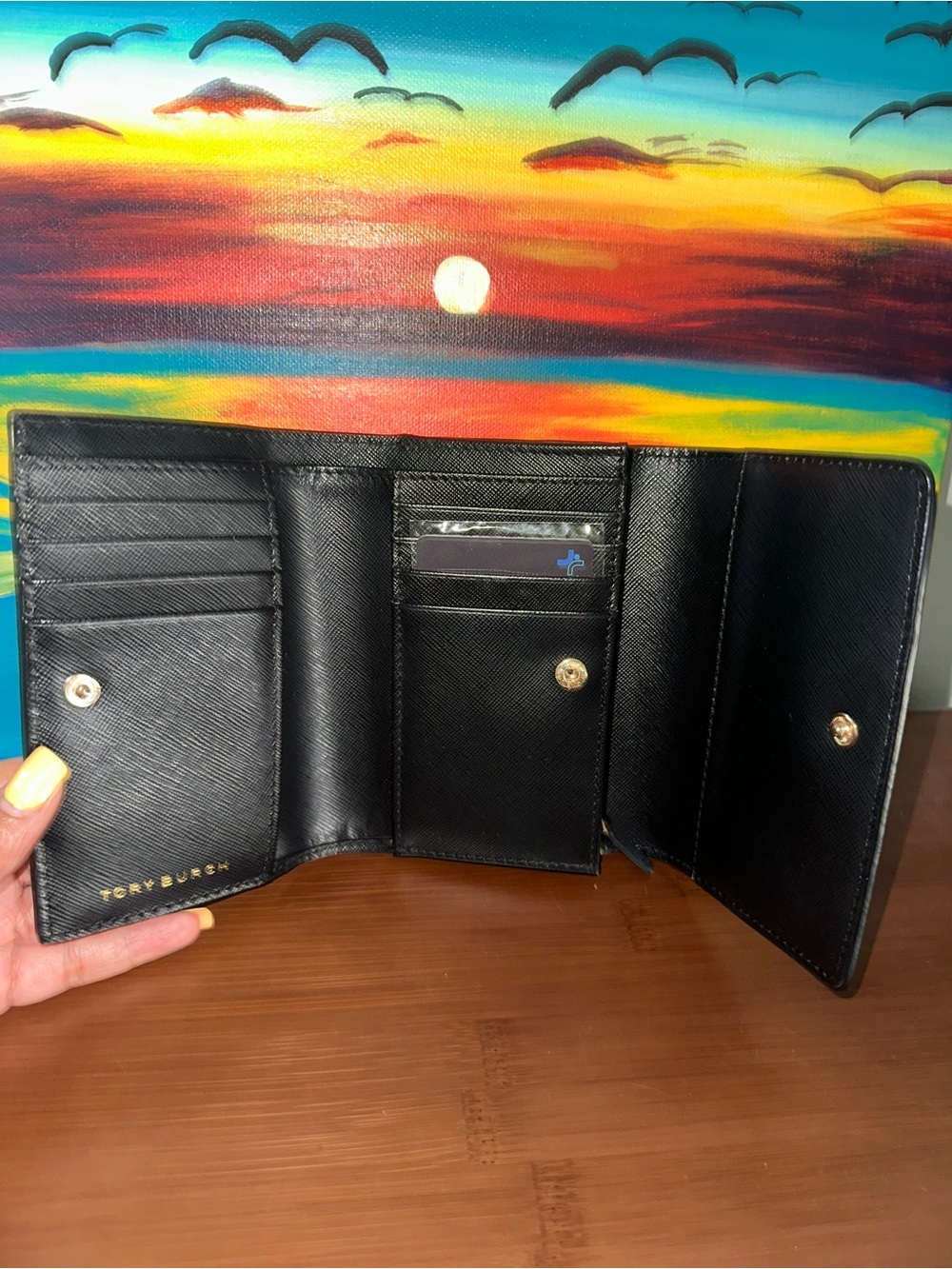 Tory Burch Black Saffiano Leather Logo Compact Wallet - Picture 9 of 10
